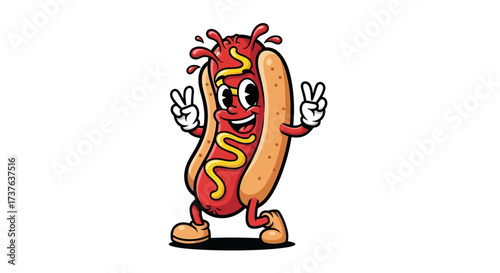 Cartoon Hotdog Character Promoting Peace and Fun with Playful Mustard Design