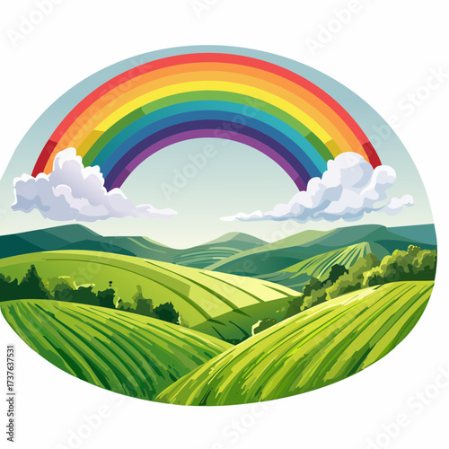 countryside hilly landscape with dark clouds and a vibrant rainbow