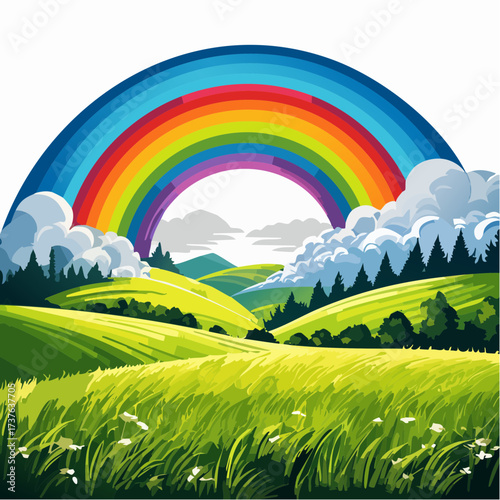 countryside hilly landscape with dark clouds and a vibrant rainbow