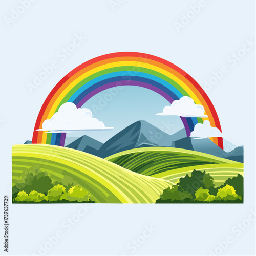 countryside hilly landscape with dark clouds and a vibrant rainbow