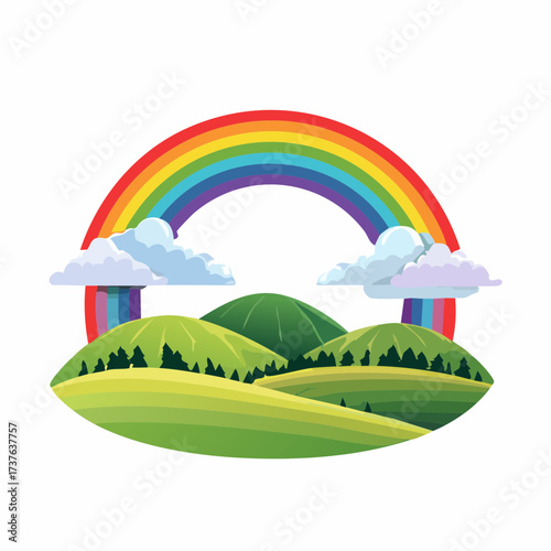 countryside hilly landscape with dark clouds and a vibrant rainbow