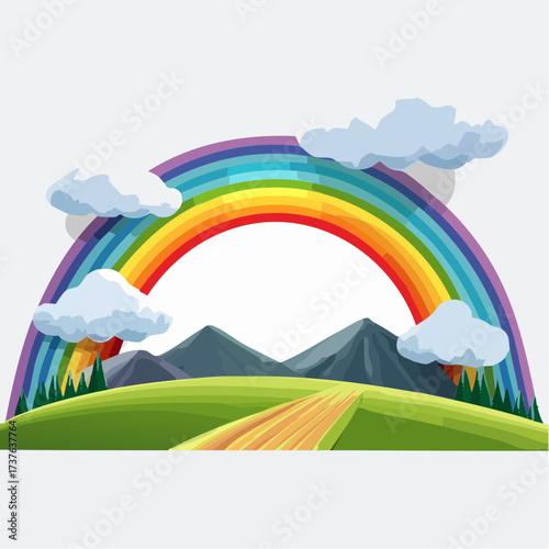 countryside hilly landscape with dark clouds and a vibrant rainbow