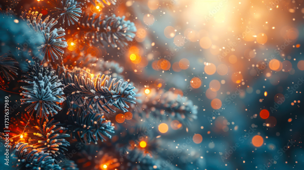 Fototapeta premium Blurred festive Christmas tree decorated with snow and glowing garland lights, winter holiday backdrop with bokeh effect, new year celebration, joyous mood, holiday season widescreen background