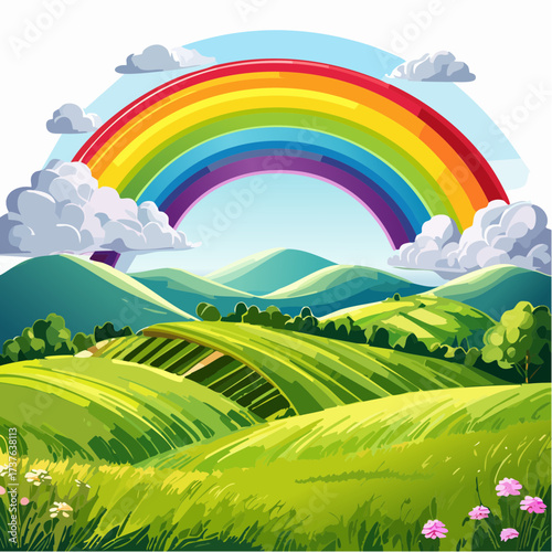 countryside hilly landscape with dark clouds and a vibrant rainbow