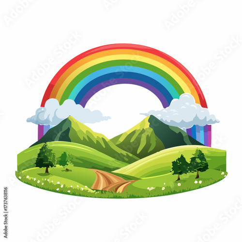 countryside hilly landscape with dark clouds and a vibrant rainbow