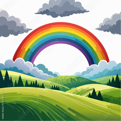 countryside hilly landscape with dark clouds and a vibrant rainbow