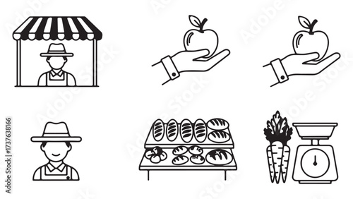 Line Art Icons of Farmers Market, Fresh Produce, and Bakery Items