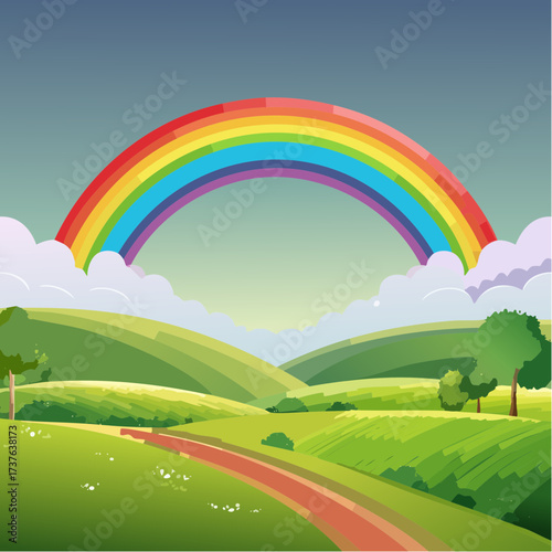 countryside hilly landscape with dark clouds and a vibrant rainbow