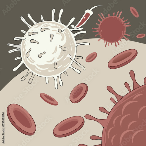 Immune system cells attacking virus, conceptual science illustration showing defense mechanisms and human biology in action against infection and disease