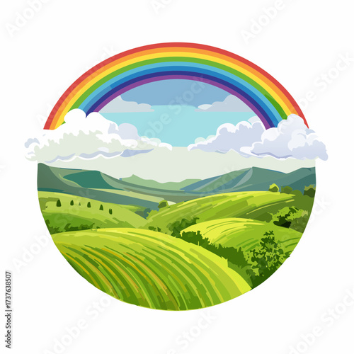 countryside hilly landscape with dark clouds and a vibrant rainbow