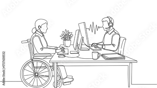 Continuous One Line Drawing of Employees Using Wheelchair and Screen Reader – Minimalist Line Art Representing Inclusive and Accessible Workplace