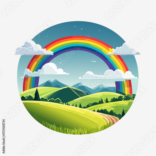 countryside hilly landscape with dark clouds and a vibrant rainbow