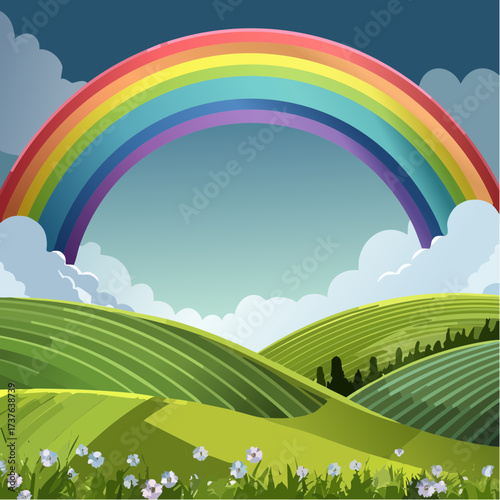 countryside hilly landscape with dark clouds and a vibrant rainbow