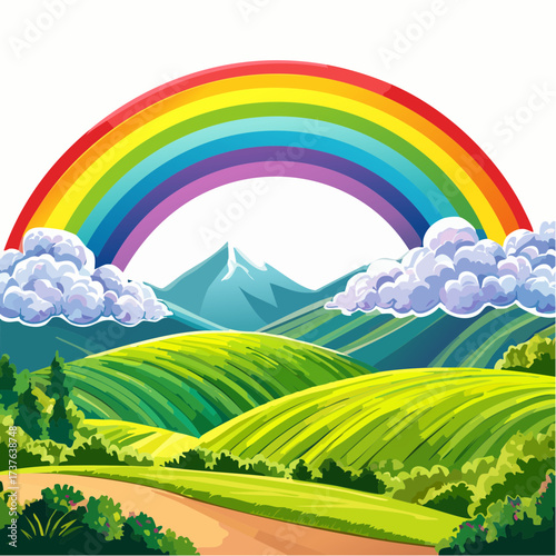 countryside hilly landscape with dark clouds and a vibrant rainbow
