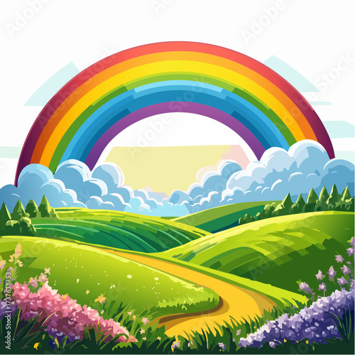countryside hilly landscape with dark clouds and a vibrant rainbow