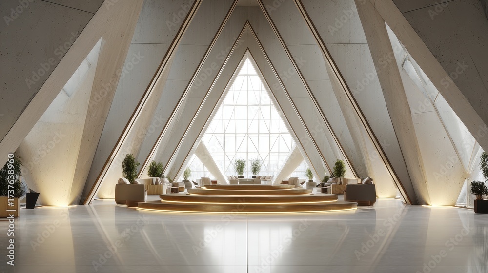 Obraz premium Modern Abstract Atrium Interior with Triangular Window Frames and Circular Seating