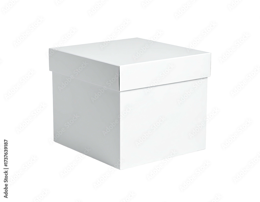 Fototapeta premium A plain, closed, white cube-shaped box with a lid, set against a black background