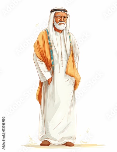 A dignified portrait of an Arab man in watercolor style.