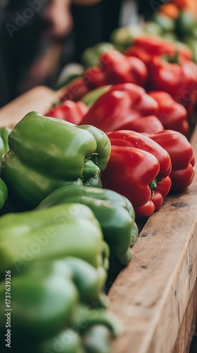 Rows of fresh green and red bell peppers displayed at a market, ready for cooking and culinary creations