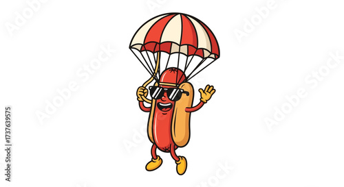 Cartoon hotdog character parachuting with sunglasses and waving isolated on white background