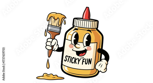 Cartoon Glue Bottle Character with Brush Spreading Sticky Fun Adhesive Concept