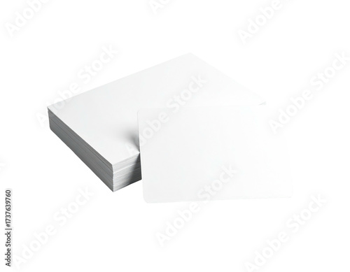 A stack of white rectangular cards, with one card slightly angled