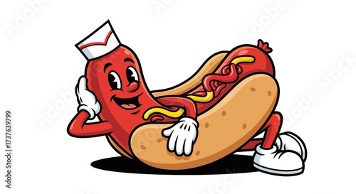 Relaxing hotdog cartoon character wearing chef hat and white gloves illustration