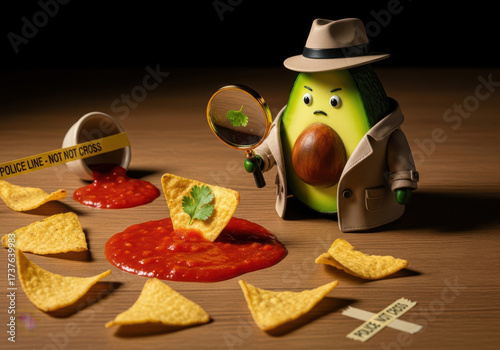 A detective avocado character investigating a crime scene with a magnifying glass, surrounded by tortilla chips and salsa