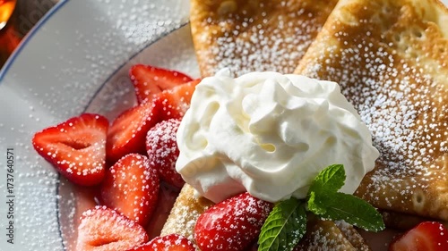 Pancakes with fresh strawberry and cream.