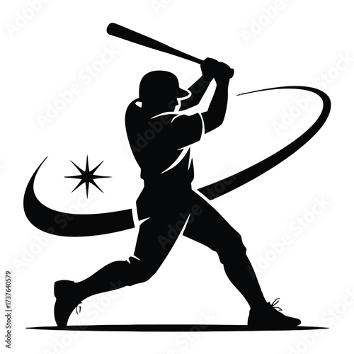 Dynamic baseball player silhouette. Batter captured mid-swing, hitting ball with powerful motion. Energetic sports action graphic.