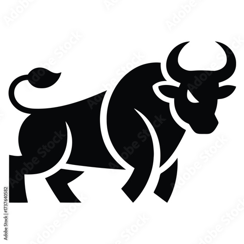 Powerful bull silhouette icon, strong horned animal symbol, simplified logo element. Taurus zodiac sign representation, minimalist cattle illustration, aggressive farm animal vector.