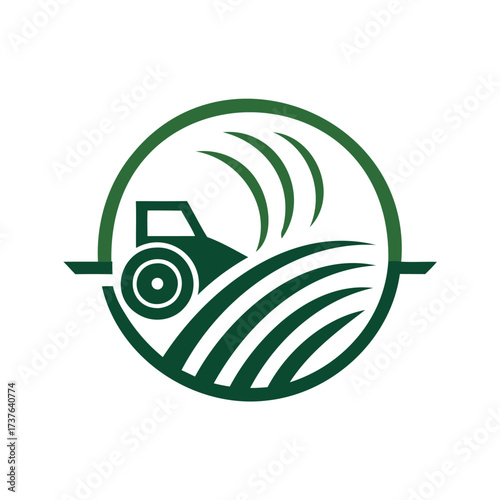 Green tractor cultivating a field with wavy lines representing growth