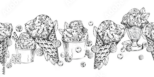 Fruit yoghurt gelato in sundae bowl, paper cup, or waffle cone with berries and mint leaves on top hand drawn in vector ink. graphic seamless banner header border. Food journal, classic cafe branding