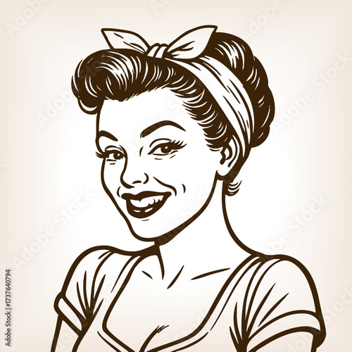 retro woman with a headscarf smiling, symbolizing nostalgia, and classic pin-up inspiration sketch engraving generative ai fictional character vector illustration. Scratch board. Black and white image