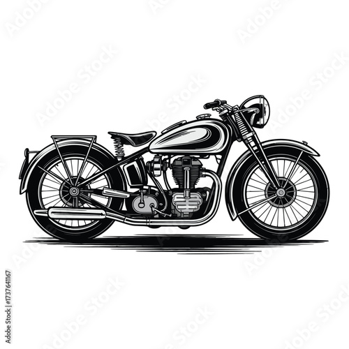 Classic vintage motorcycle. Old school chopper motorbike. Detailed retro style cruiser. Hand drawn two wheel transport. Engine and chrome parts illustration.