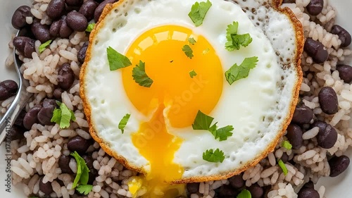 Fried egg with black beans and rice.