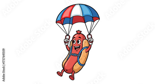 Cartoon hot dog character skydiving with parachute on white background illustration