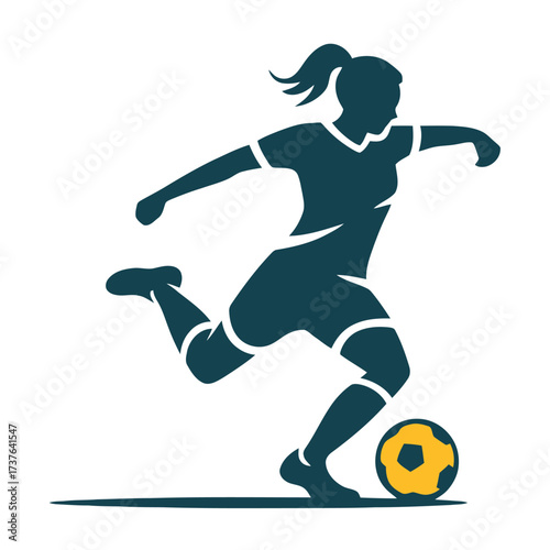Female football player in action. Young woman kicking soccer ball during match. Dynamic pose of a player on field.