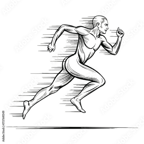 Fast running man with speed motion blur effect. Dynamic human movement. Athletic figure sprinting quickly. Performance and action concept. Energetic athlete.