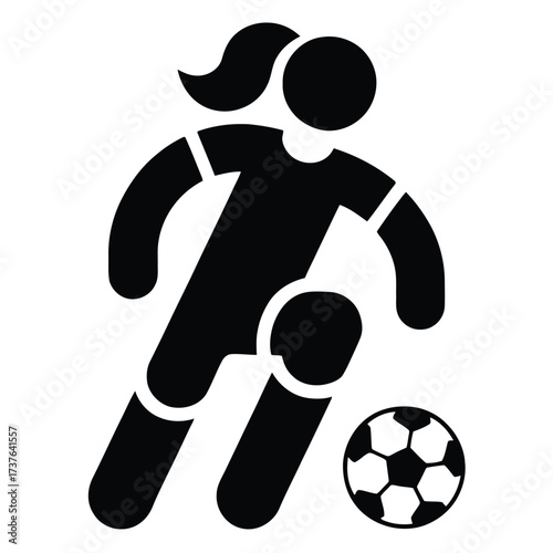 Female soccer player dribbling football. Athletic woman playing sport. Youth league team member, active lifestyle illustration.