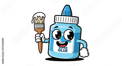 Cartoon super glue bottle character holding a paint brush with glue vector illustration design for