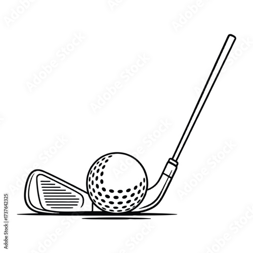Golf ball and golf club iron equipment for sports activity game. Essential items for golf players. Great for sports equipment stores, golf lessons, or game diagrams. Clear details.