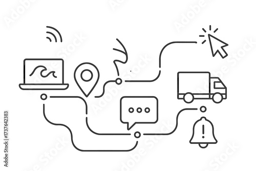 E-commerce logistics and customer journey with digital service and delivery icons