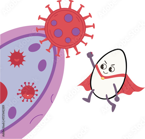 Super egg hero bravely fighting off viral invaders in a battle for health and immunity, a vibrant and dynamic defense illustration.