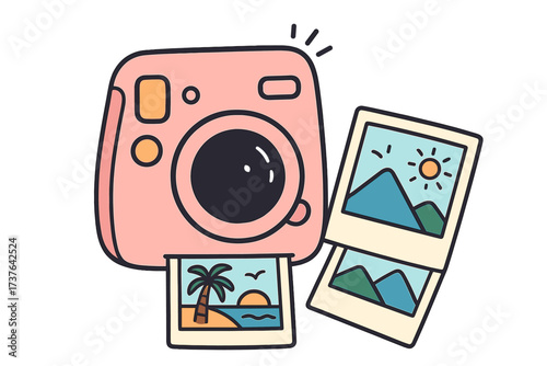 Retro pink instant camera printing travel photos with scenic landscapes and beach views