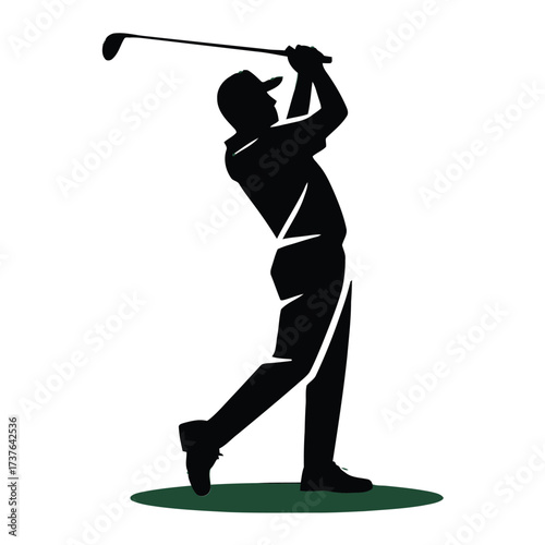 Dynamic golfer silhouette captured mid-swing on green patch. Male athlete hitting golf ball. Ideal for golf-themed projects, sports promotions, and active lifestyle content.