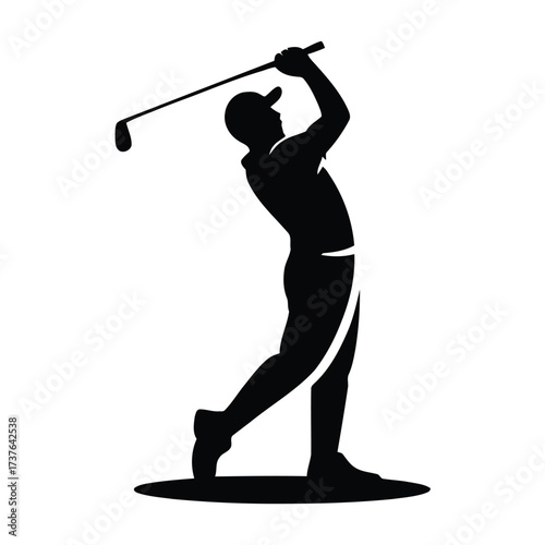 Male golfer athlete hitting ball. Golf player silhouette during swing. Professional sport action. Leisure activity on course.