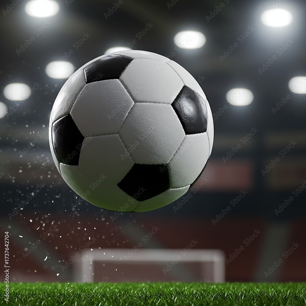 Naklejka premium Dynamic professional football action with a classic ball against a blurred stadium goal backdrop.