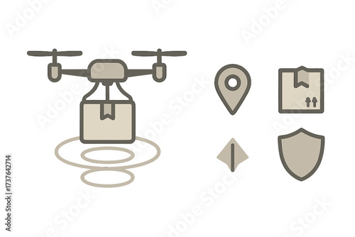 Drone package delivery service with location tracking and security icons