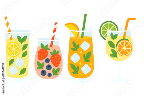 Assortment of refreshing summer beverages with citrus, berries, mint, and ice cubes